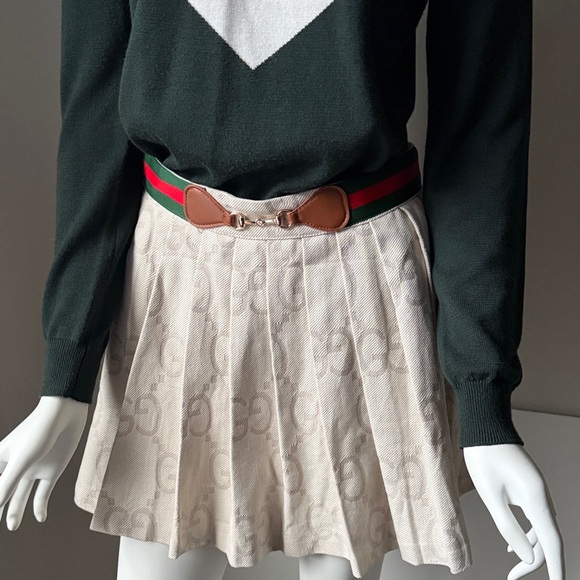 GG  pleated mini Skirt /skort NEW! 28”waist off white red/green belt - Picture 5 of 16